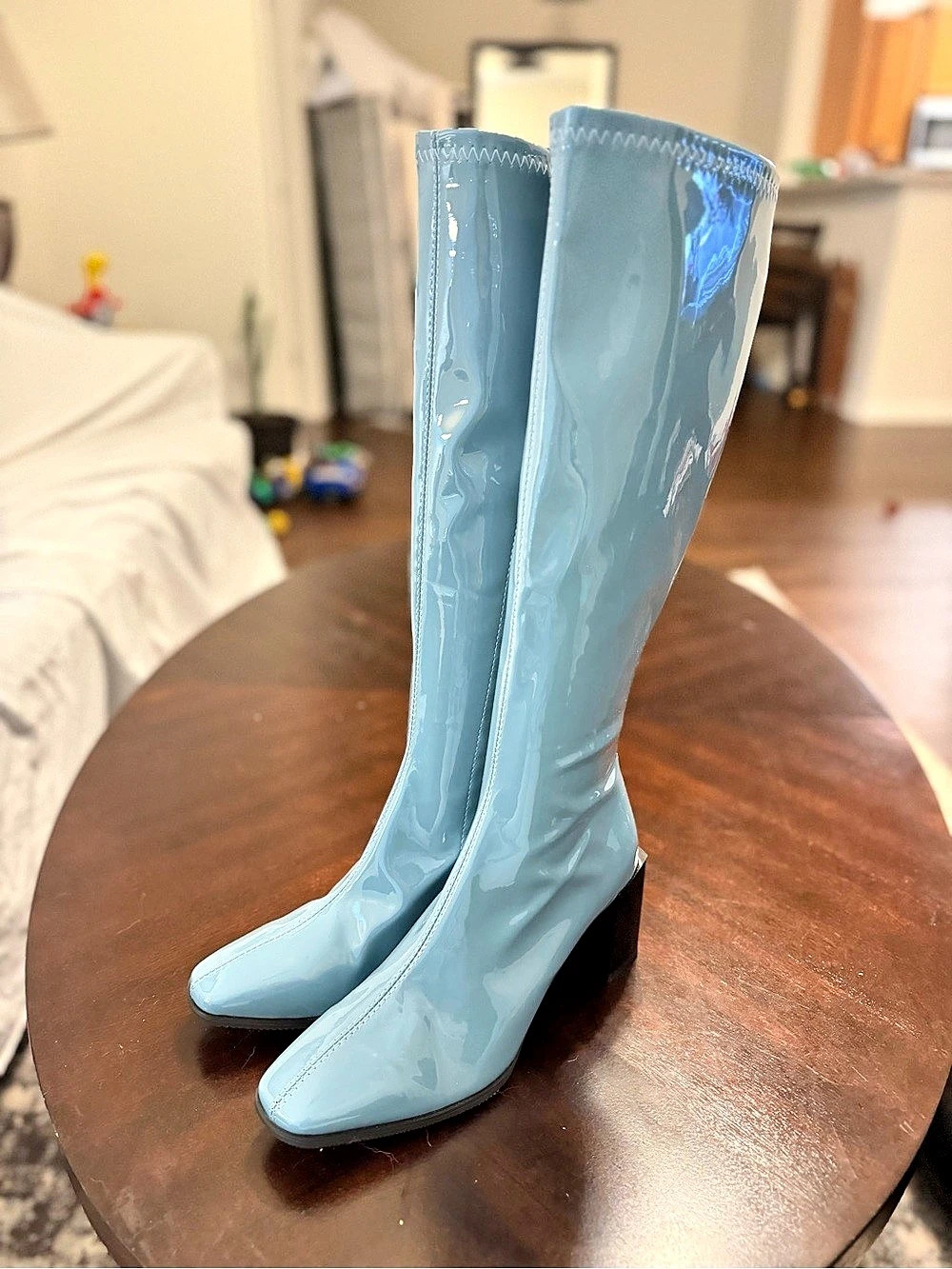 Patent Knee-High Heeled Boots in Blue US 9.5 Like New